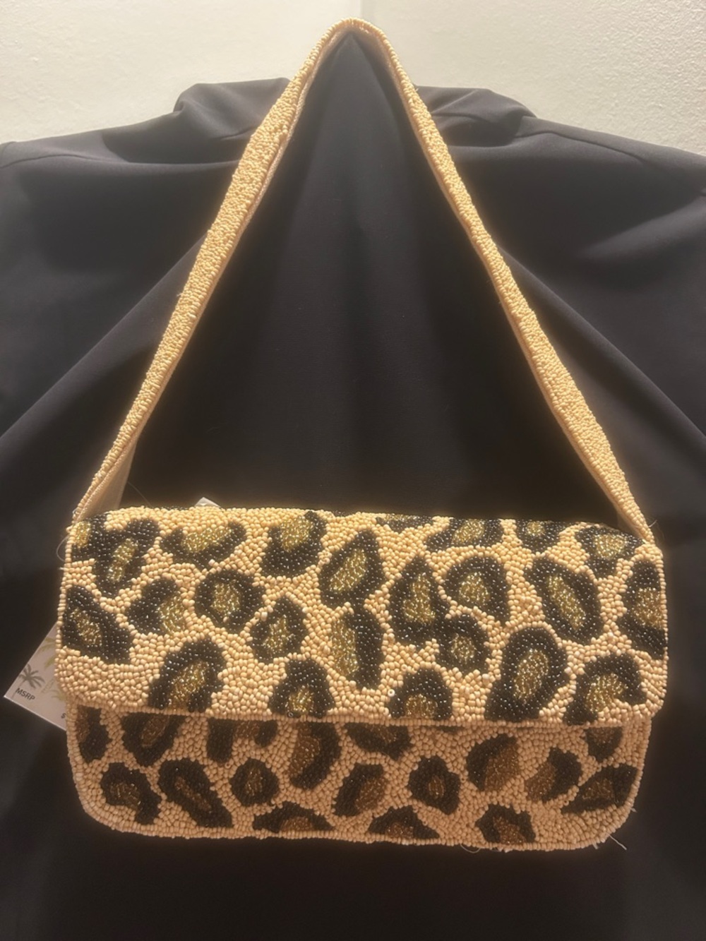 Leopard Beaded Shoulder Bag in Beige and Black